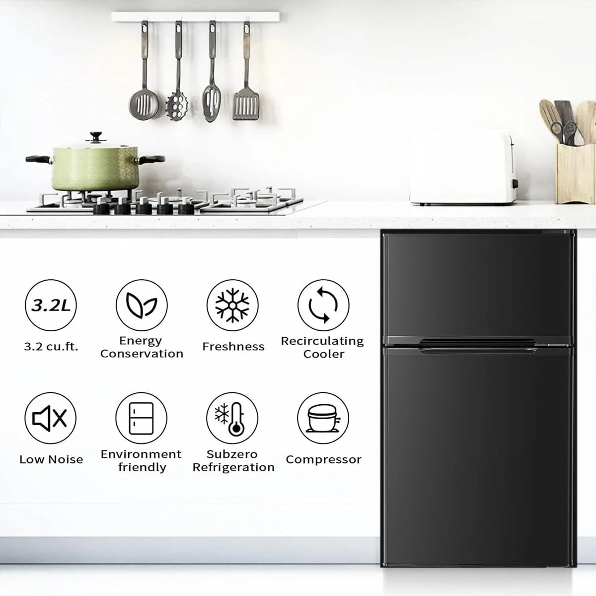 Antarctic Star Compact Mini Refrigerator Separate Freezer, Small Fridge Double 2-Door Adjustable Removable Retro Stainless Steel Shelves Living room/Kitchen/Dorm/Office 3.2 cu ft.Green