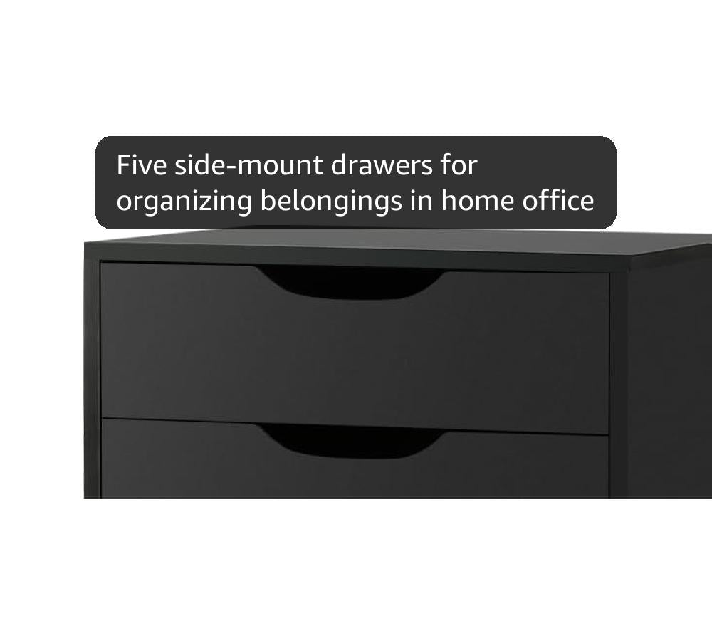 TUSY Mobile File Cabinet, 5-Drawer Storage Cabinet, Vertical Rolling Craft Storage Cabinet with Wheels & Anti-Tip Kit, for Home Office, Craft Room, Black