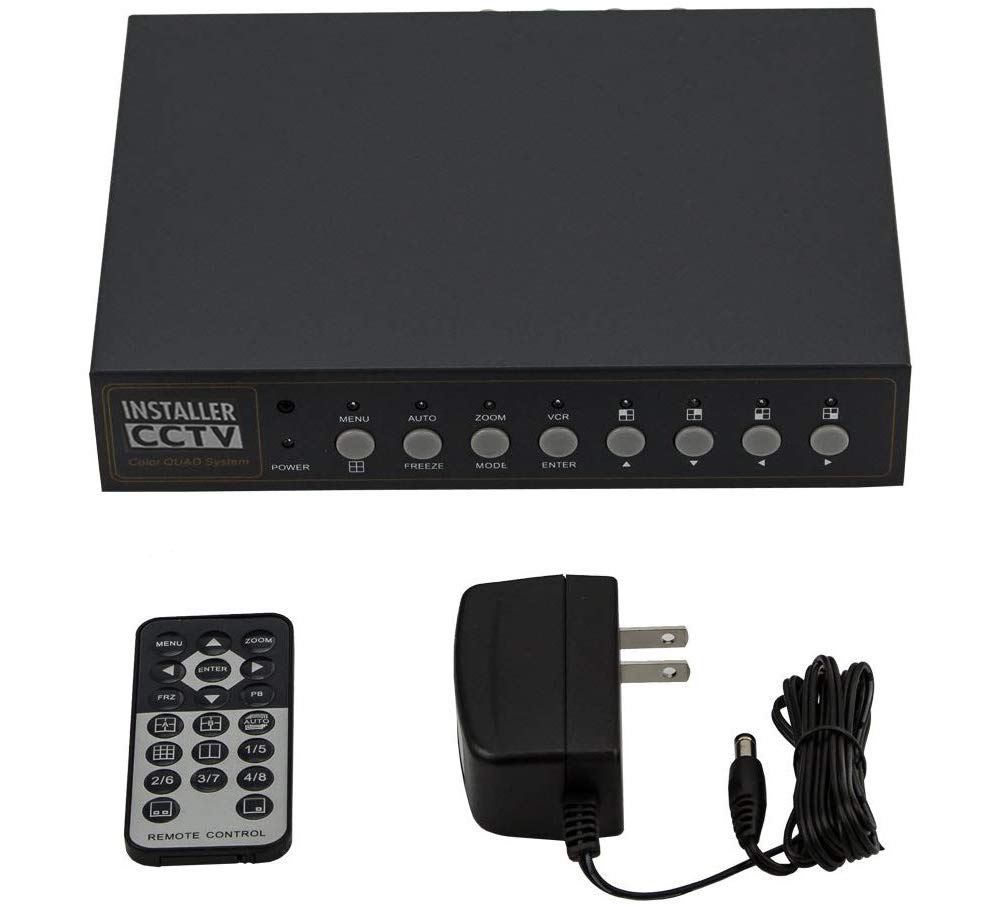 Installer CCTV 4CH Video Color Quad Multiplexer with Loopout, Remote Control and Free 1 Amp Power Adapter
