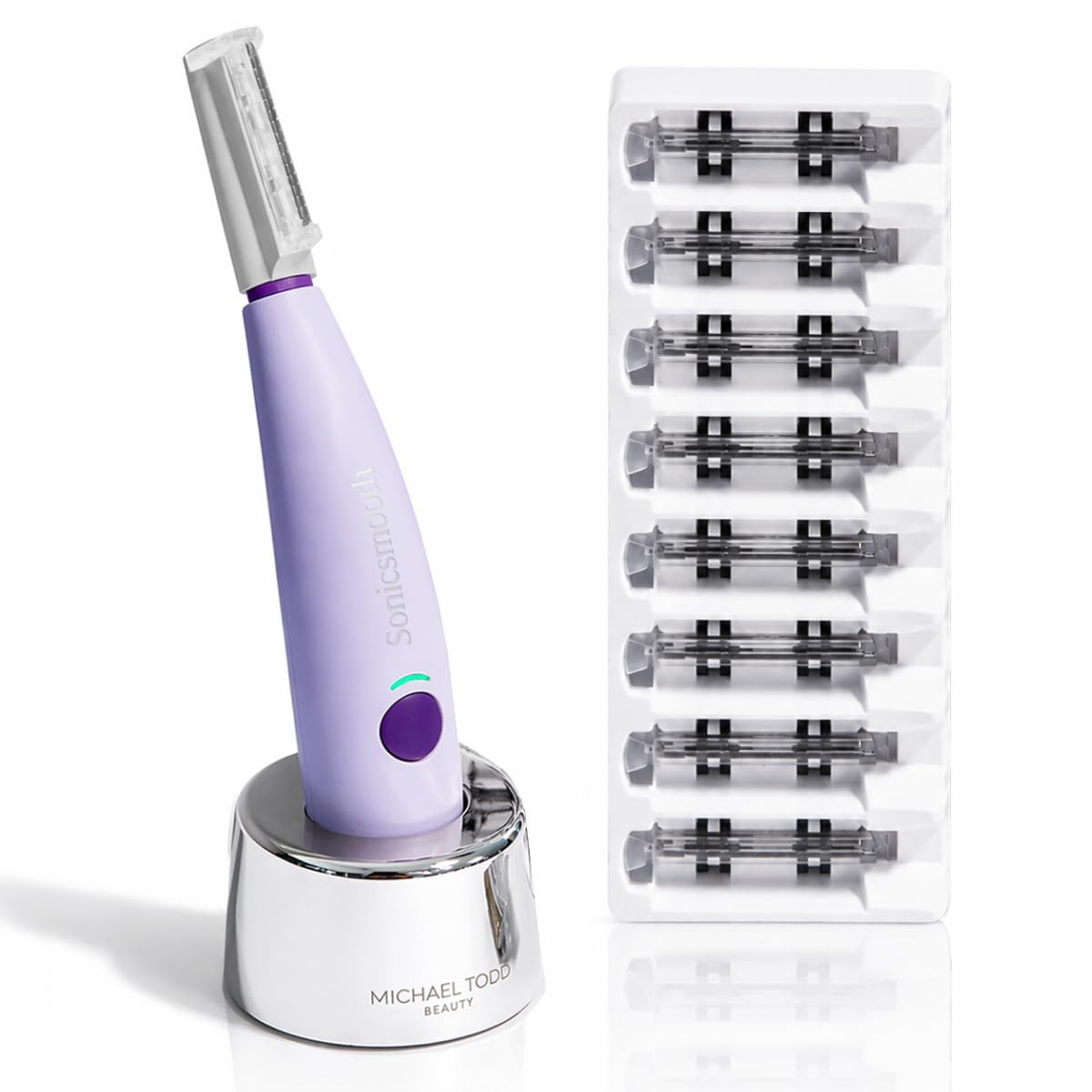 Michael Todd Beauty Sonicsmooth Dermaplane Razor for Women Face Dermaplaning System + Eyebrow Trimmer, Peach Fuzz Remover, 8 Weeks of Dermaplaning Blades, 3-Year Warranty