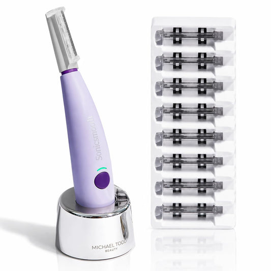 Michael Todd Beauty Sonicsmooth Dermaplane Razor for Women Face Dermaplaning System + Eyebrow Trimmer, Peach Fuzz Remover, 8 Weeks of Dermaplaning Blades, 3-Year Warranty