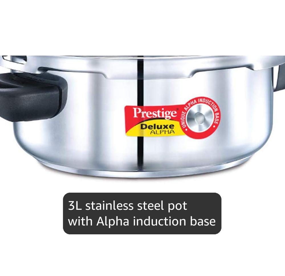 PRESTIGE PRDA3 Prestige 3L Alpha Deluxe Induction Base Stainless Steel Pressure Cooker, 3.0-Liter