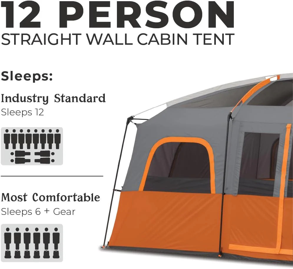 Straight Wall Cabin Tents | 10 Person / 11 Person / 12 Person Large Multi Room Family Tents for Car Camping & Outdoor Adventures