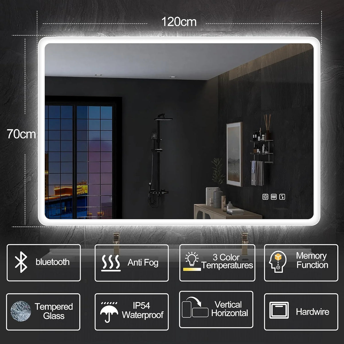 2026 Bathroom mirror S'bagno with lighting 1200 x 700 mm, IP44, LED, Bluetooth, anti-fog, 3 light colours (3,000 K, 4,000 K