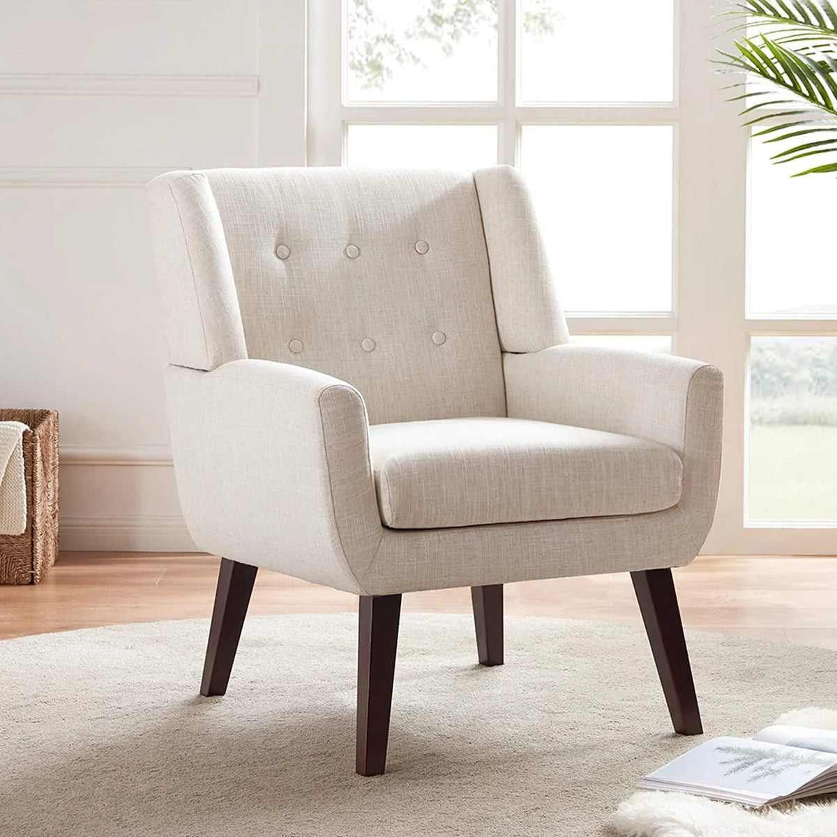 HUIMO Accent Chair, Button-Tufted Upholstered Living Room Chairs, Mid Century Modern Comfy Reading Chairs for Bedroom, Living Room, Beige