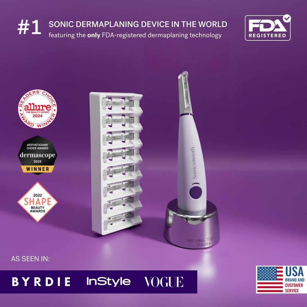 Michael Todd Beauty Sonicsmooth Dermaplane Razor for Women Face Dermaplaning System + Eyebrow Trimmer, Peach Fuzz Remover, 8 Weeks of Dermaplaning Blades, 3-Year Warranty