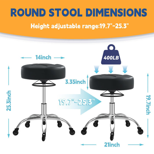 YEEZEE Rolling Stool Heavy Duty 400lbs: No Squeak, No Tip, Black Super Soft Seat Cushion, 360°Swivel Height Adjustability, Smooth Rolling, designed for Tattoo Facial Massage Spa Medical