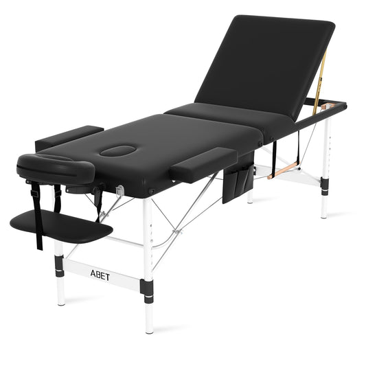 ABET Portable 3-Fold Massage Table, Height Adjustable & Compact Durable Light-weight Aluminum Feet, Ideal for Lash & Tattoo, Features Detachable Oil Pocket, Towel rod, Face cradle, Armrest