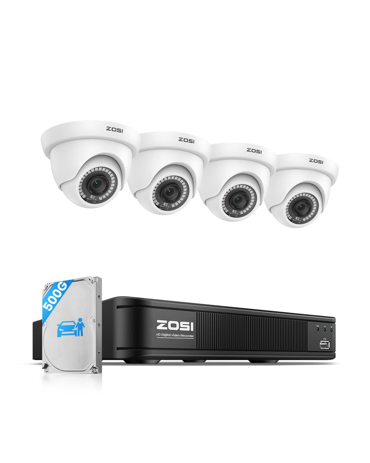 ZOSI 3K Lite Wired Security Camera System, 4 X 2MP Dome Cameras, 500GB HDD AI Human/Vehicle Detection, 5MP Lite H.265+ 8 Channel Surveillance DVR, IP66 CCTV Camera, 80ft Night Vision, Remote Access