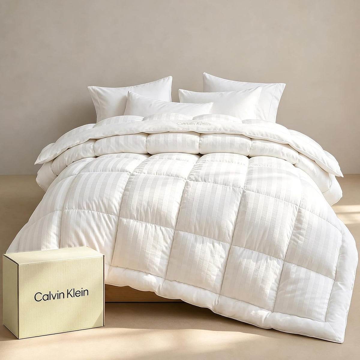 Calvin Klein Hotel Luxury King Comforter Duvet Insert Hypoallergenic Down Alternative 100% Cotton Cover All Season Medium Warmth 106 x 92 inches White Stripe