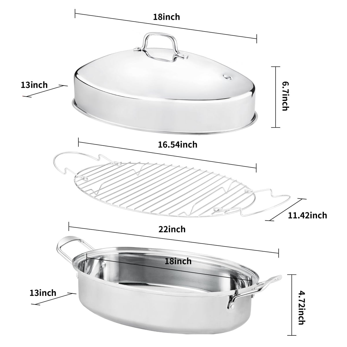 JY COOKMENT 22" Large Roasting Pan with Rack and Lid,Oval Turkey Roaster Pan for oven,Stainless Steel Roasting Pan with rack,Best Gift for Mother or Father.