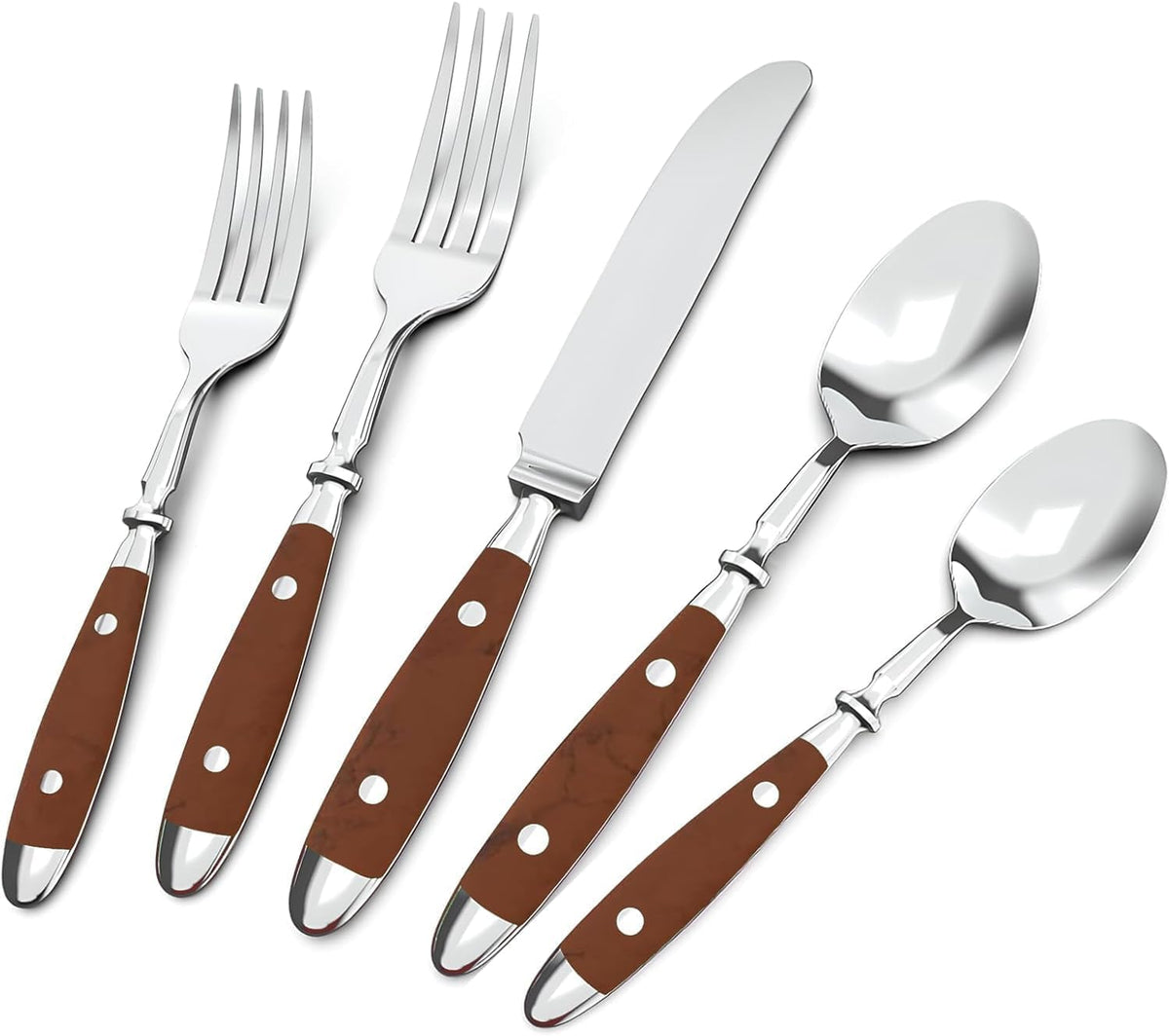 20pcs Silverware Set, Stainless Steel with Riveted Handle (Brown) vintage french bistro flatware, dishwasher safe, mirror polished, everyday use, for home,new homeowner housewarming gift,