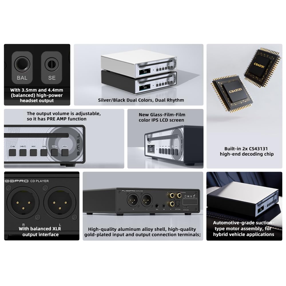 SMSL PL100PRO CD Player,RCA/Optical/Coaxial/XLR Balanced/3.5+4.4mm Headphone Output,200mW 32Ω,2*CS43131 High-End DAC Chips,Compatible with CD-R/CD-RW/MP3 Discs,Lossless MQA Playback