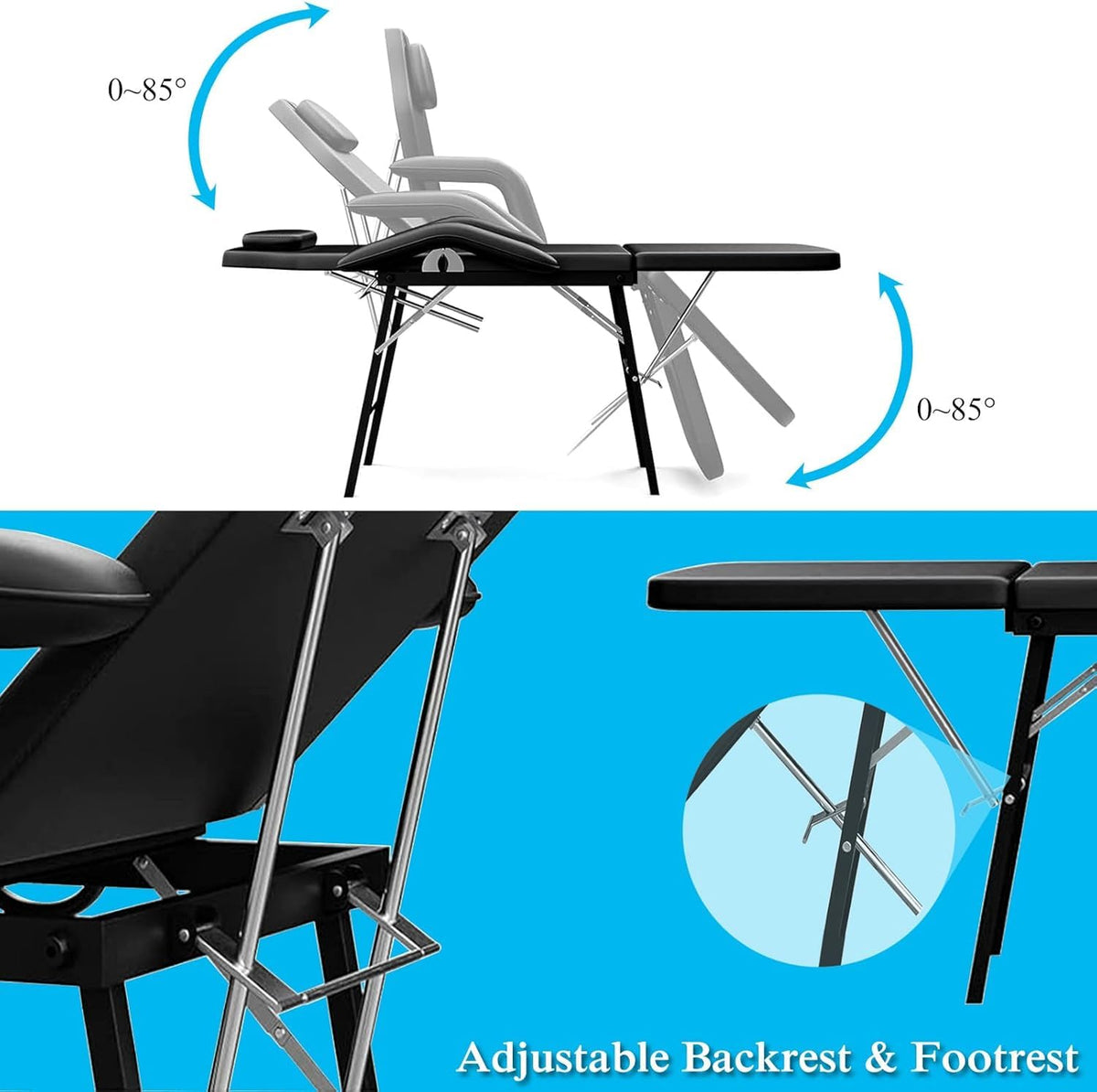 Portable Tattoo Chair, Adjustable Massage Facial Bed with Removable Headrest & Armrest, Foldable Spa Chair with Carry Bag, 73 Inch Esthetician Bed for Salon Beauty Barber Spa Tattoo (Black)