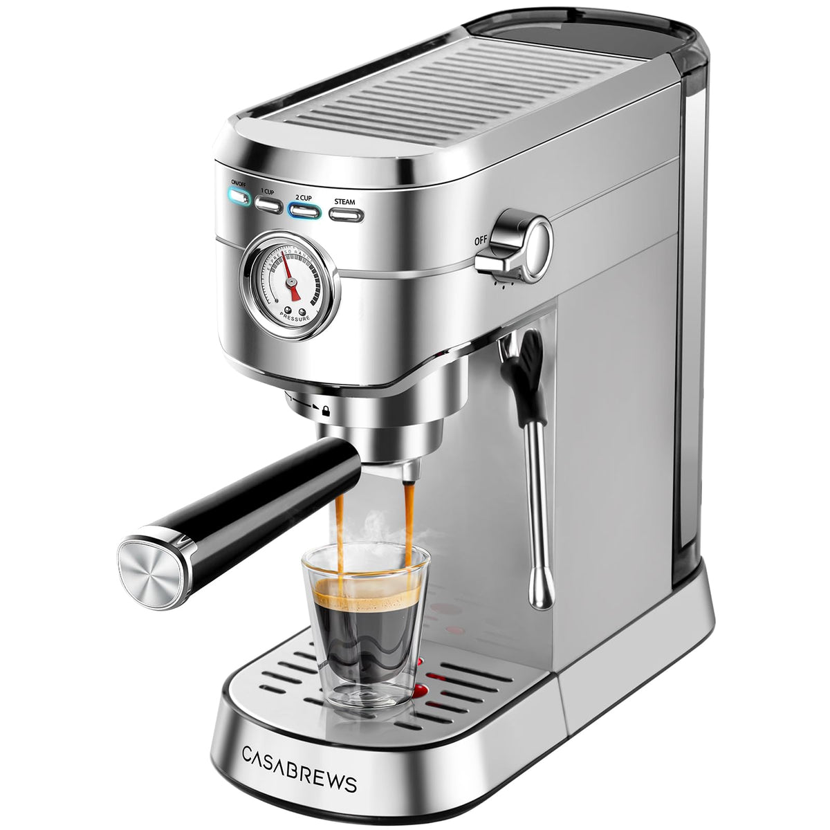 CASABREWS CM5418 Compact Espresso Machine with Milk Frothing Steam Wand Stainless Steel, 20-Bar Pump, Built-in Pressure Gauge, Powerful Steam Wand for Cappuccino Latte for Home, 34oz Water Tank