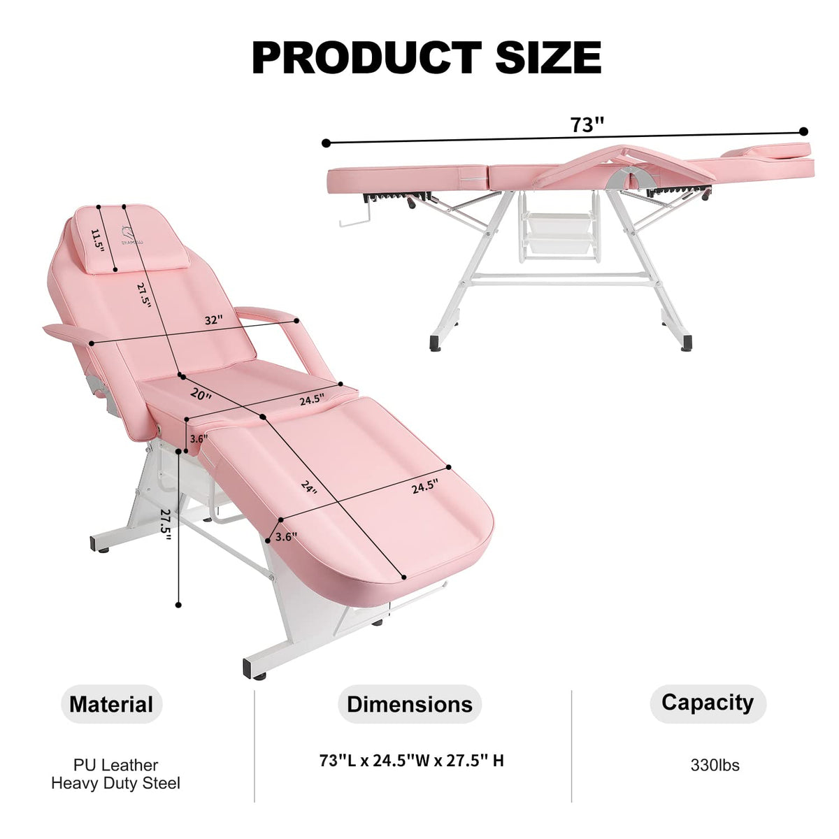 Facial Chair,73″ Tattoo Chair for Client,3-Section Adjustable Massage Table with Stool,Multipurpose Beauty Beds Salon Equipment for Esthetician,Tattooshop,Spa (Pink)