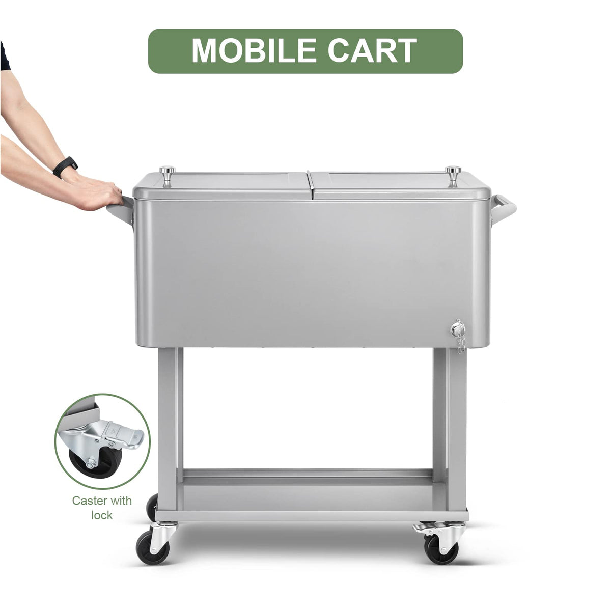 80 Qt Rolling Ice Chest Cooler Cart, Stand Up Cooler Trolley Patio Beverage Cooler Trolley with Wheels,Outdoor Drink Bar Stand for Backyard Party, Includes Serving Tray, Ice Scoop