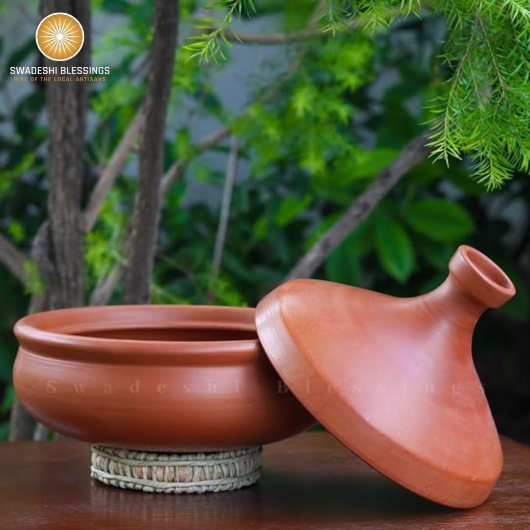Swadeshi Blessings HandMade Unglazed Clay Tagine for Cooking with Lid, 2.8L Chemical-Free, Multi-Use Clay Cookware, Earthen Tajine, Mud Utensils/Stockpot, Terracotta Pot, Free Cleanser&Palm Leaf Stand