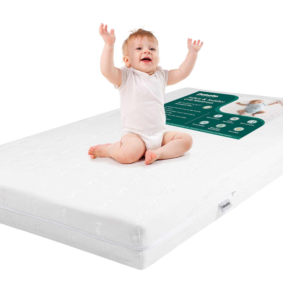 Babelio Breathable Crib Mattress, Dual Sided, Memory Foam Toddler Mattress Machine Washable Cover, Waterproof Inner Liner, CertiPUR-US Certified, Fits Standard Baby Crib & Toddler Bed 52" x 27.5"