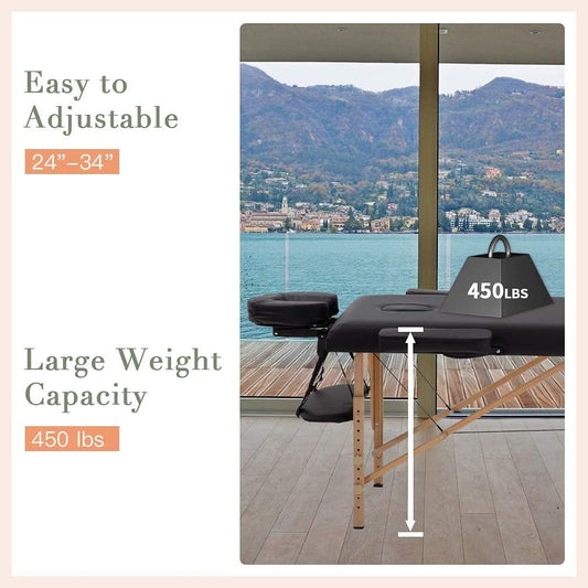 BestMassage Portable Folding Massage Table Massage Bed 24" Wide,Black | 2-Fold Lash Bed Height-Adjustable with Carry Bag, 450lbs Capacity For Massage, Facial, Tattoo, Home, Spa