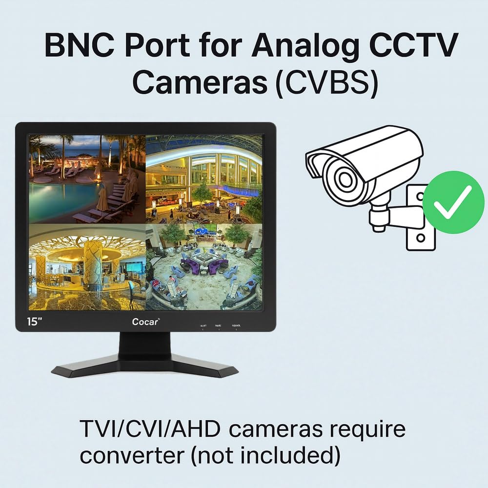 Cocar 15" CCTV BNC Monitor VGA HDMI AV, 4:3 HD Display LCD Security Screen with USB Drive Player for Surveillance Camera STB PC 1024x768 Resolution Built-in Speaker Audio in/Out