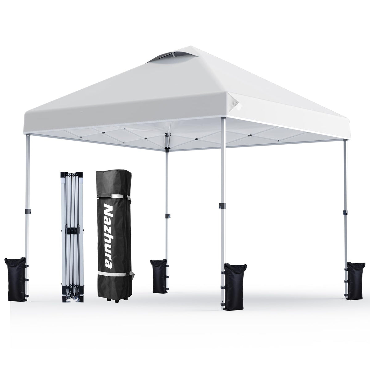 Nazhura 10' x 10' Pop Up Canopy Tent with Sand Weight Bag, Freestanding Sun Shelter for Picnic and Camping, One Person Setup and Height Adjustable (White)