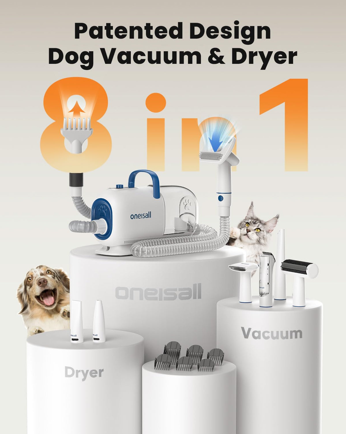 oneisall 8-in-1 Dog Grooming Vacuum & Dryer for Shedding/Drying/Trimming Vacuum & Blower & Metal Blade Pet Clippers, Adjustable 7-Temp & 3 Air Levels, All-in-One Dog Grooming Kit, Storage bag