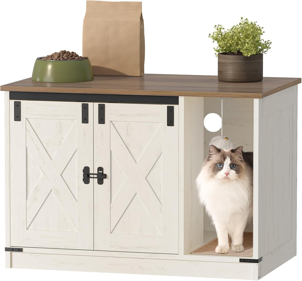 Hzuaneri Cat Litter Box Enclosure, Hidden Litter Box Cabinet Furniture Indoor Cat House with Bell, Farmhouse Style, 31.5 x 19.7 x 20.9 Inches, for Hallway, Bedroom, Rustic Brown and White CB82414X