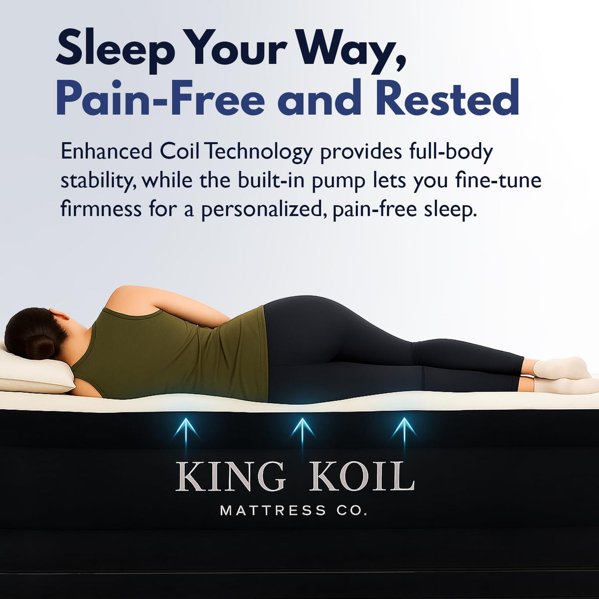 King Koil Air Mattress Queen with Built-in Pump, 20” Raised Airbed Luxury blow up mattress for guests & home • Inflates in 2 minutes • 650 lb capacity • Patented high-speed pump