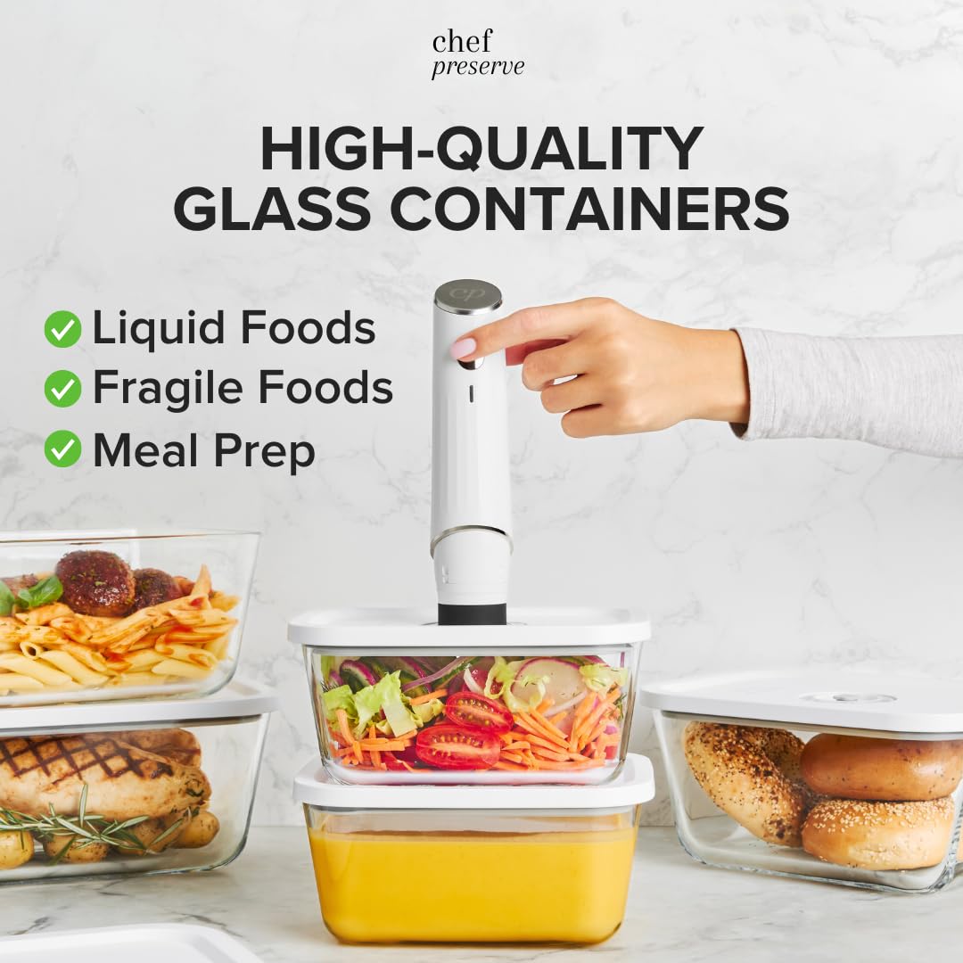 Chef Preserve Compact Vacuum Sealer for Food (Vacuum Sealer Machine + 3 Glass Vacuum Containers + 30 Reusable Vacuum Bags) Powerful Handheld Vacuum Seal Machine, Seal Meal Saver, Portable Food Sealer