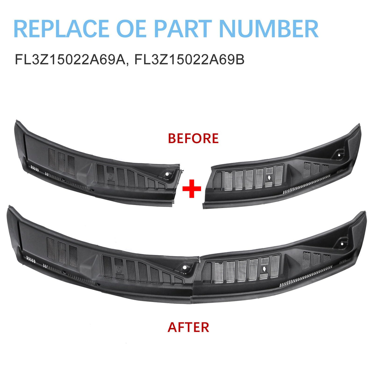 Windshield Cowl Wiper Panel Grille Fits Ford F150 2015-2020 with Clips for Install, Handle all Weather, Front Window Cover Insert Panel Replace FL3Z15022A69B