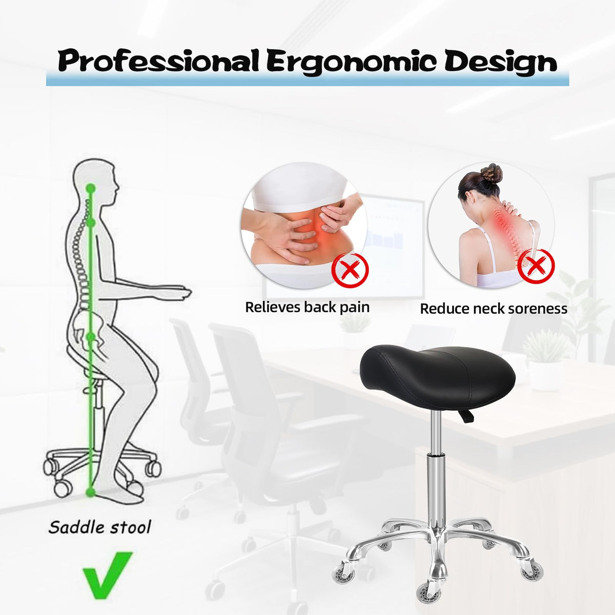 Antlu Saddle Stool with Wheels Ergonomic Chair Dental Hygienist, Black Saddle Seat Stool for Medical Dental Massage Clinic Salon