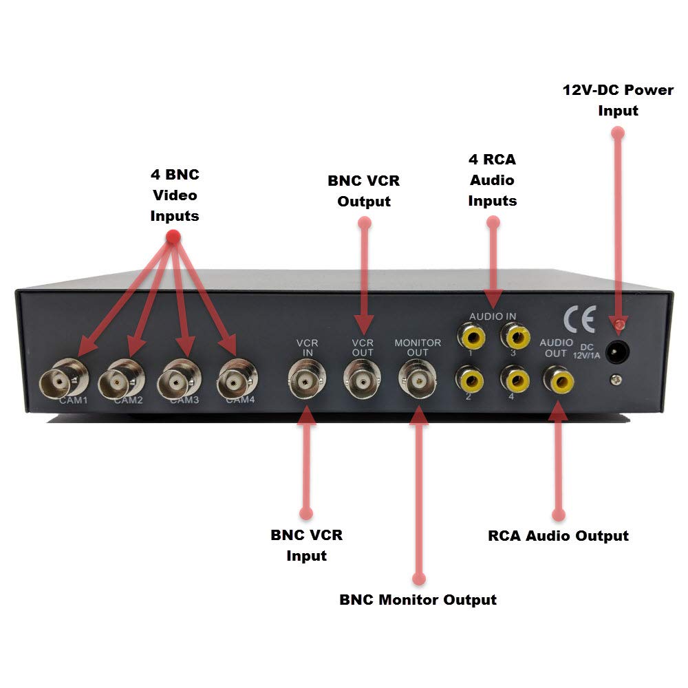 CCTV Camera Pros VM-Q401A CCTV BNC Color Quad Processor | Analog Security Camera Mux | Video Screen Splitter | 4 Channel Multiplexer