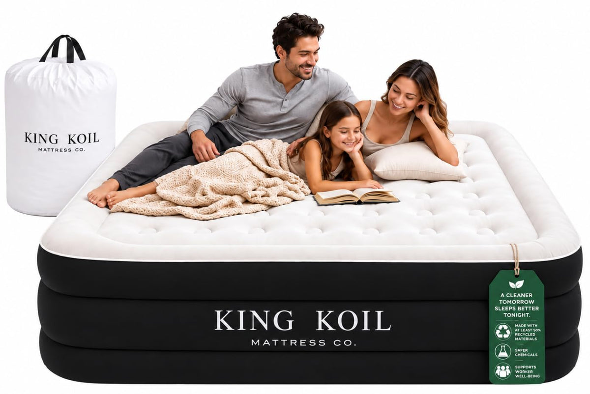 King Koil Air Mattress Queen with Built-in Pump, 20” Raised Airbed Luxury blow up mattress for guests & home • Inflates in 2 minutes • 650 lb capacity • Patented high-speed pump