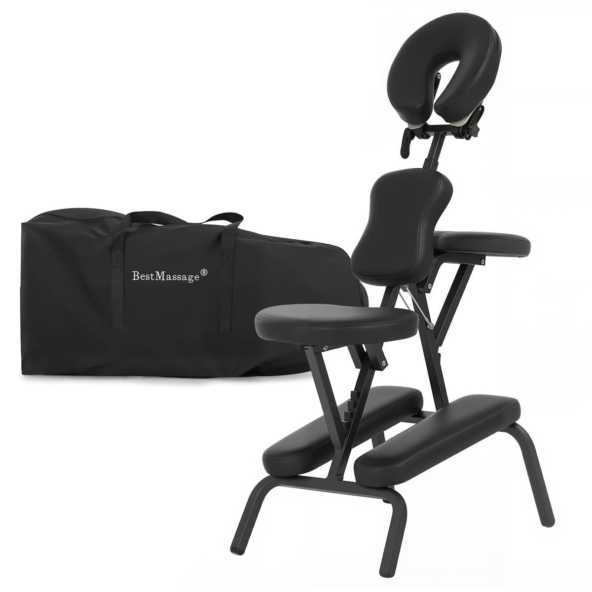 BestMassage | Portable Massage Chair | Dark Black | Folding Tattoo Chair Adjustable Headrest & Height, Carry Bag | Metal Frame & High Density Foam | Easy to Carry | For Salons, Spas, Tattoo Studios