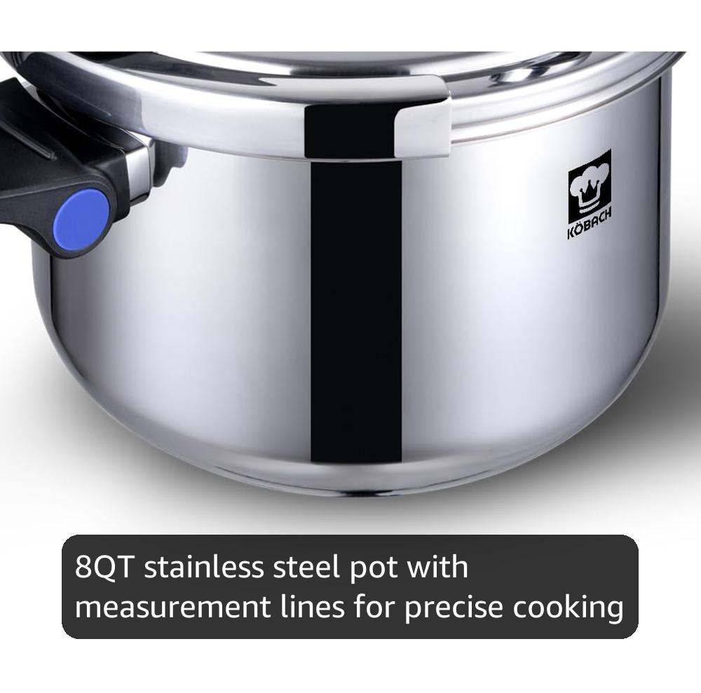 KOBACH 8QT Stainless Steel Pressure Cooker, Olla de presion, Cooking Pressure Cooker, Compatible with Induction and Gas Stovetops, Dishwasher Safe, One-Hand Opening Design