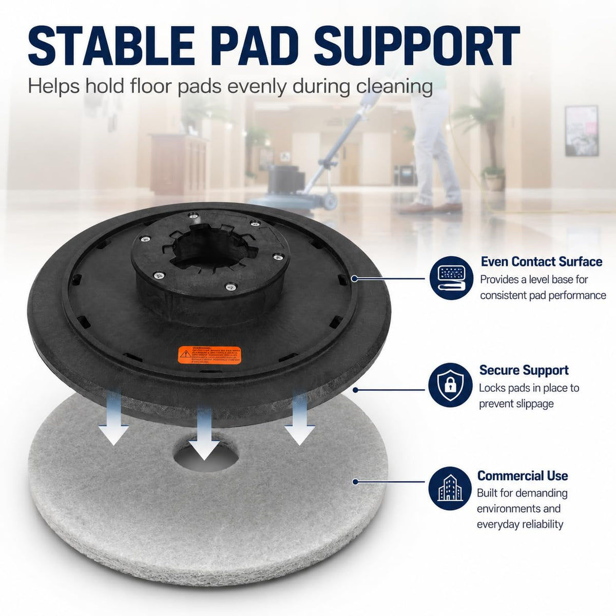16-Inch Floor Buffer Pad Driver for 17-Inch Buffer & Scrubber, 2-Inch Riser 5-Inch Center Opening, Shower-Feed Holes and Hook Grip Support Secure Pad Attachment for Stripping, Scrubbing and Polishing