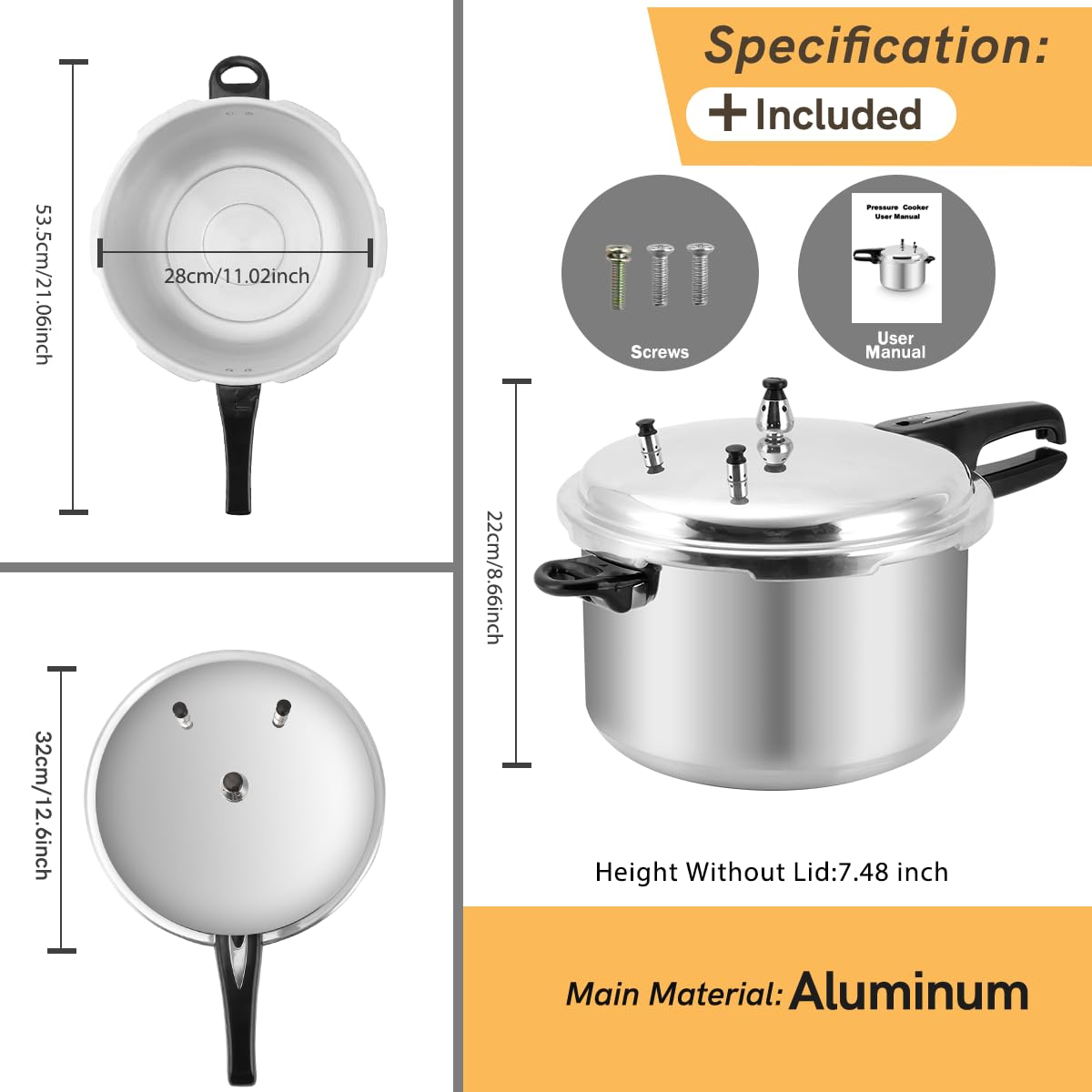 Fulgutonit 12 Quart Aluminum Pressure Cooker Aluminum Pressure Canner, Canning Rack Included, Easy Lock Lid, For Canning & Steaming