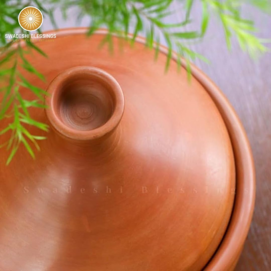 Swadeshi Blessings HandMade Unglazed Clay Tagine for Cooking with Lid, 2.8L Chemical-Free, Multi-Use Clay Cookware, Earthen Tajine, Mud Utensils/Stockpot, Terracotta Pot, Free Cleanser&Palm Leaf Stand