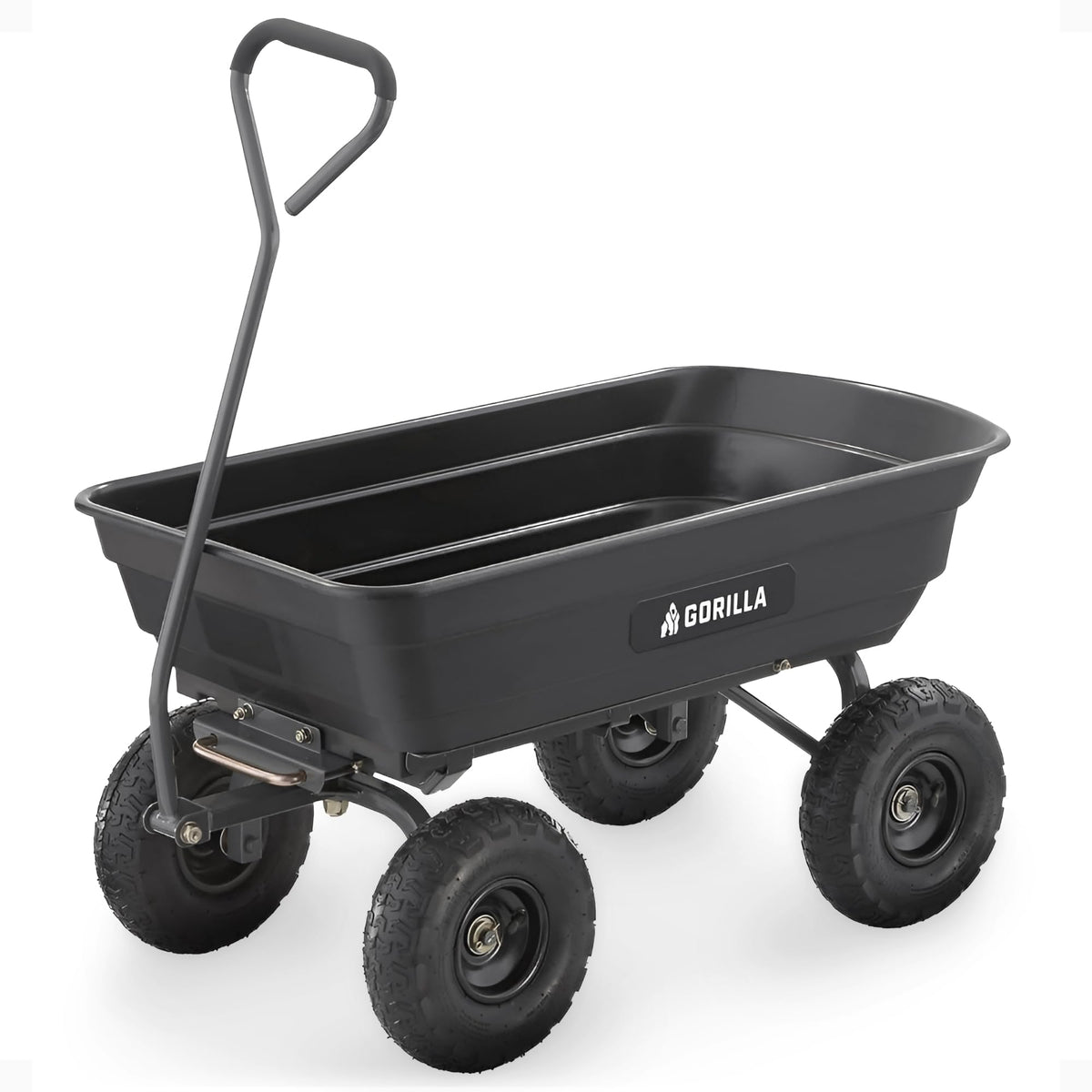 Gorilla Carts 600 lb Poly Garden Dump Cart, 4 Cu Ft Wagon, Quick-Release Pneumatic Tires, Patented quick-release dumping, For yard, landscaping & gardening, Rust-resistant poly bed, Easy assembly