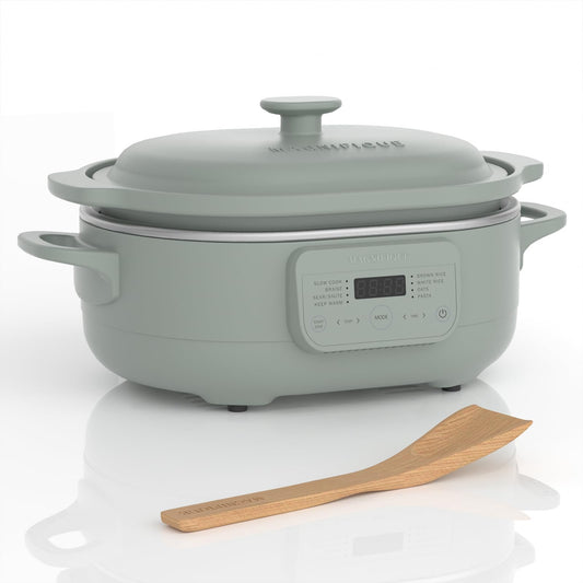 MAGNIFIQUE 4 Quart Programmable Casserole Slow Cooker, 8-in-1 Multi Cooker with Removable Non-Toxic Stoneware Crock, Claypot Slow Cooker, Rice-cooking, Nonstick, Oven Safe Pot to 450°F, Olive