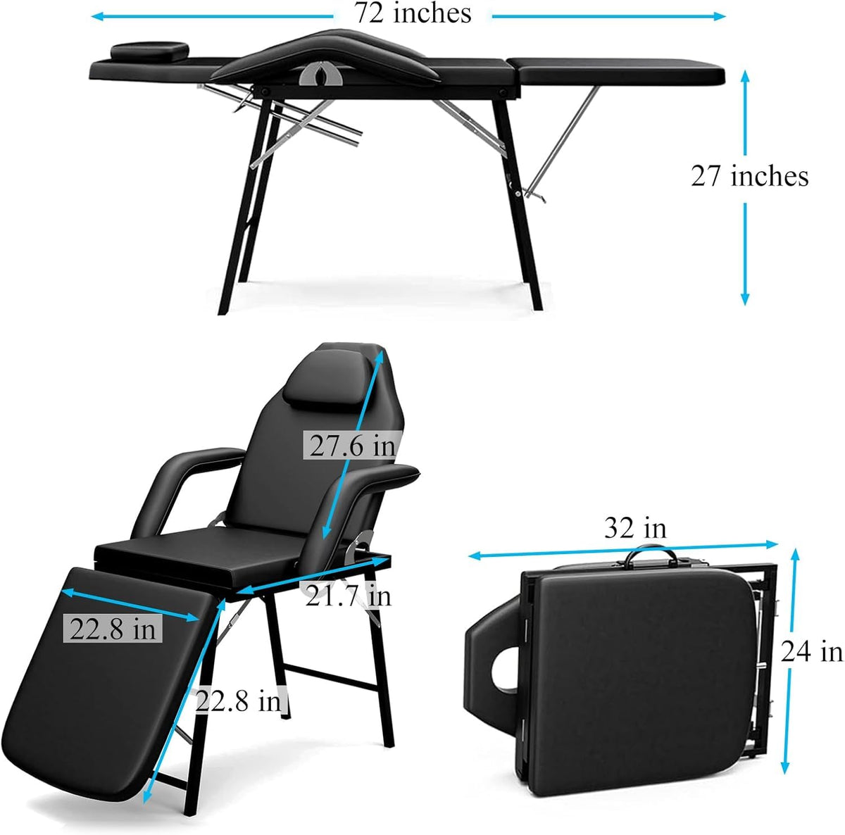 Portable Tattoo Chair, Adjustable Massage Facial Bed with Removable Headrest & Armrest, Foldable Spa Chair with Carry Bag, 73 Inch Esthetician Bed for Salon Beauty Barber Spa Tattoo (Black)