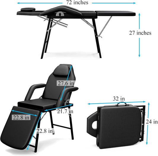 Portable Tattoo Chair, Adjustable Massage Facial Bed with Removable Headrest & Armrest, Foldable Spa Chair with Carry Bag, 73 Inch Esthetician Bed for Salon Beauty Barber Spa Tattoo (Black)