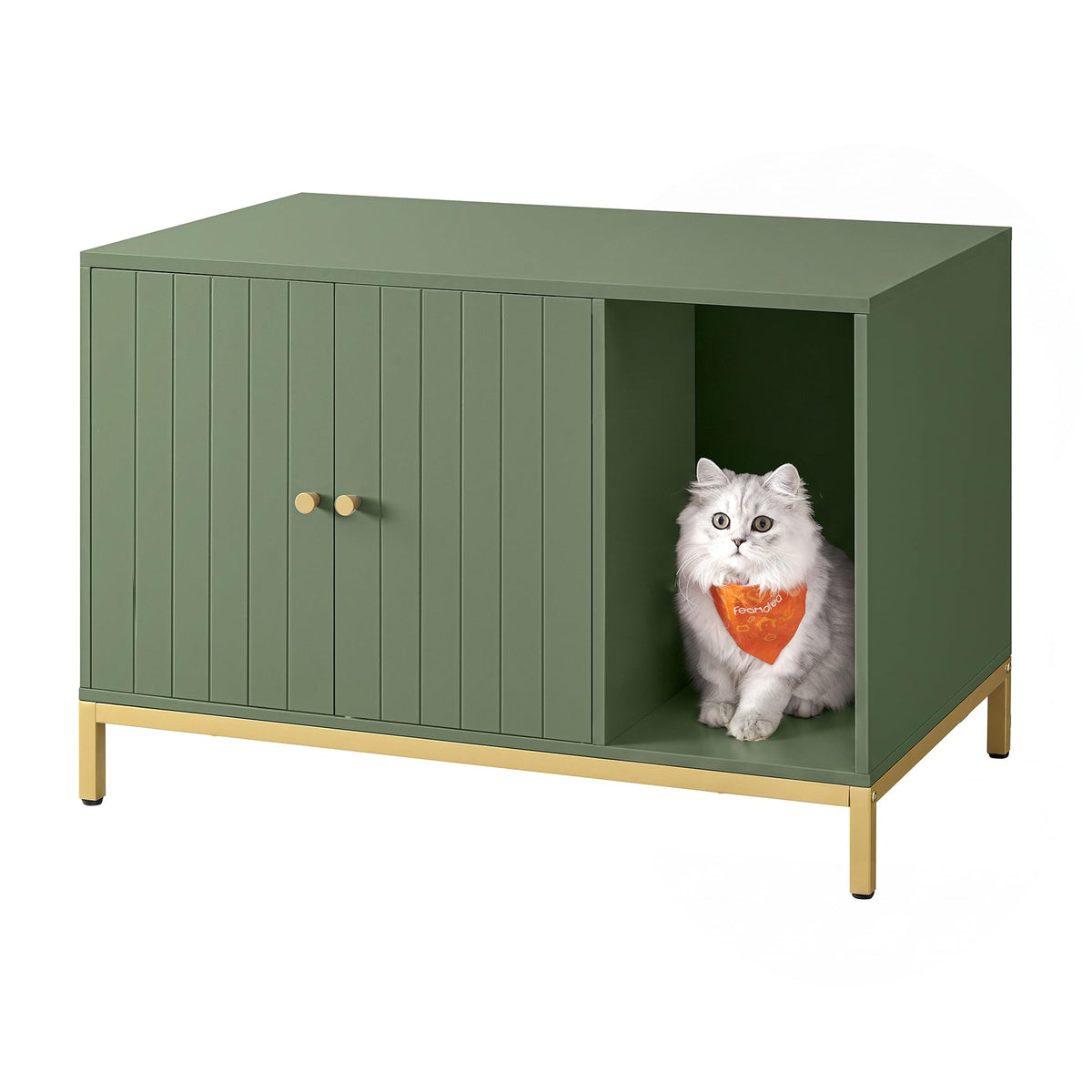 Feandrea Cat Litter Box Enclosure, with Scratching Mat, Tall Legs Hidden Cat House, Side End Table, 31.5 x 19.7 x 21.7 Inches, Forest Green and Gold