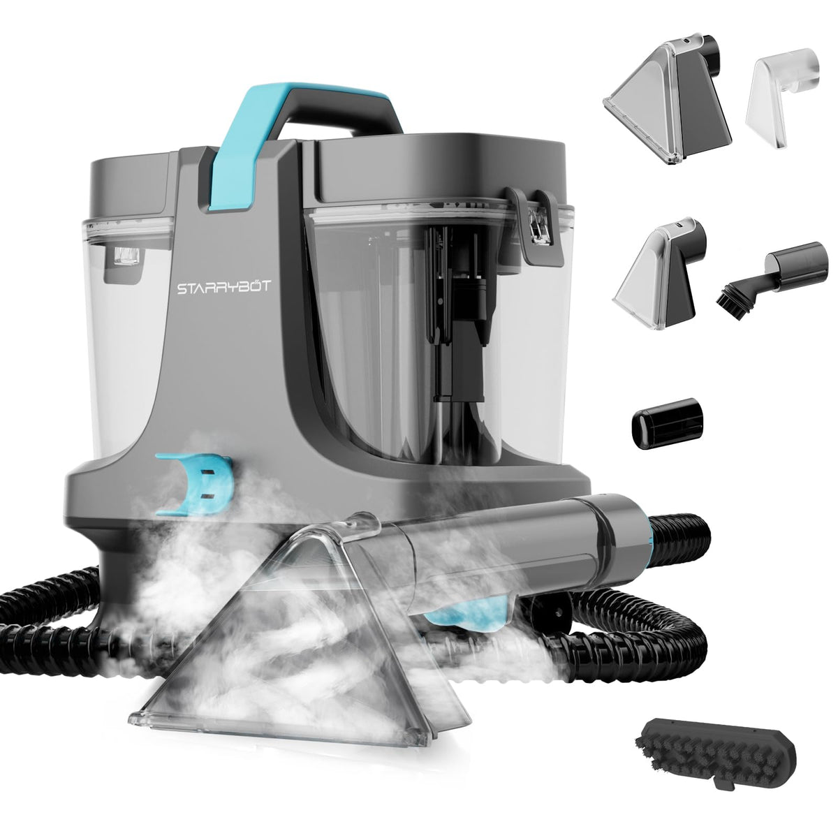 Starrybot Portable Carpet Cleaner with Steam, 18Kpa Spot Cleaner(Gray) Steam and heating technology help lift pet messes, couch stains, stair spots, rugs, and furniture dirt.