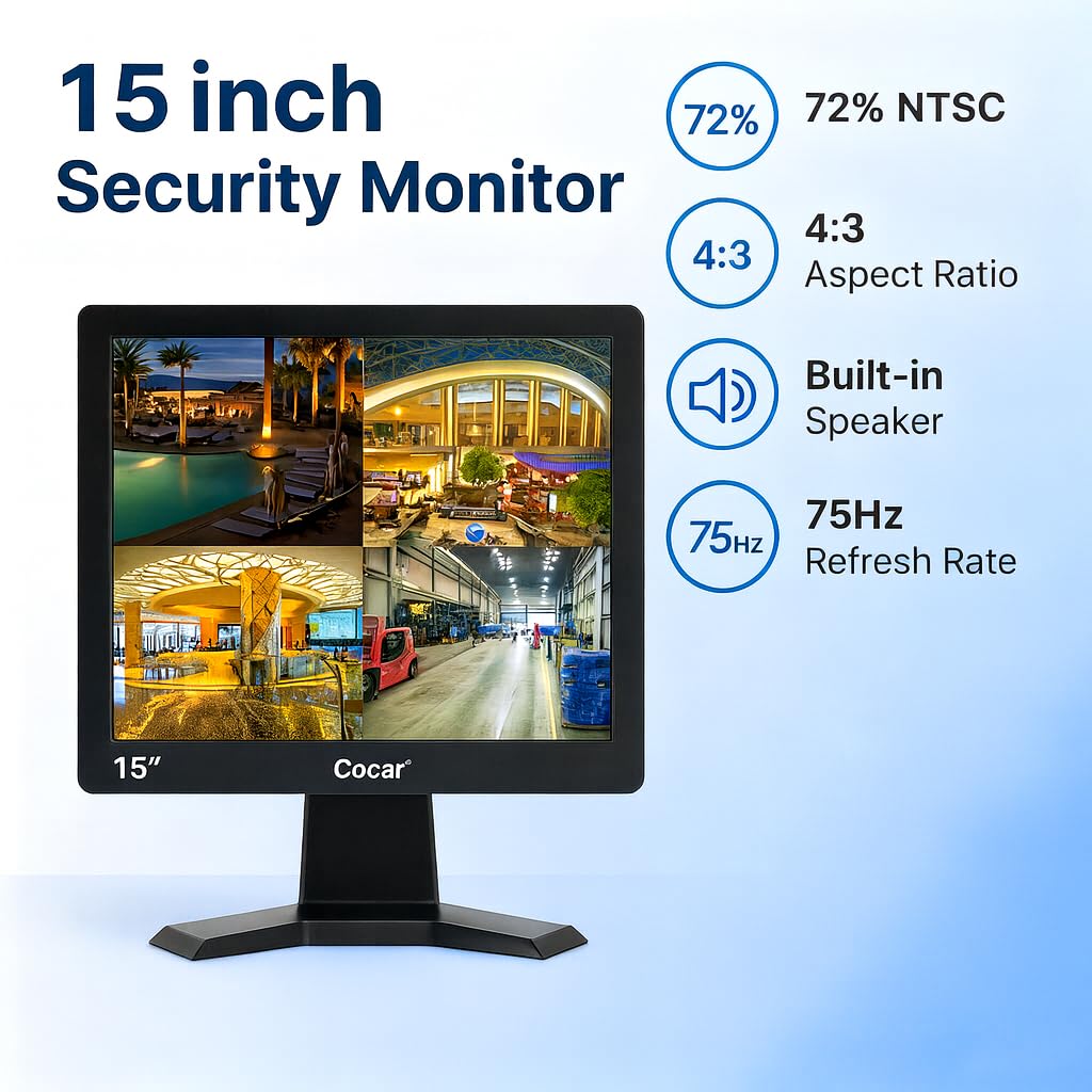 Cocar 15" CCTV BNC Monitor VGA HDMI AV, 4:3 HD Display LCD Security Screen with USB Drive Player for Surveillance Camera STB PC 1024x768 Resolution Built-in Speaker Audio in/Out