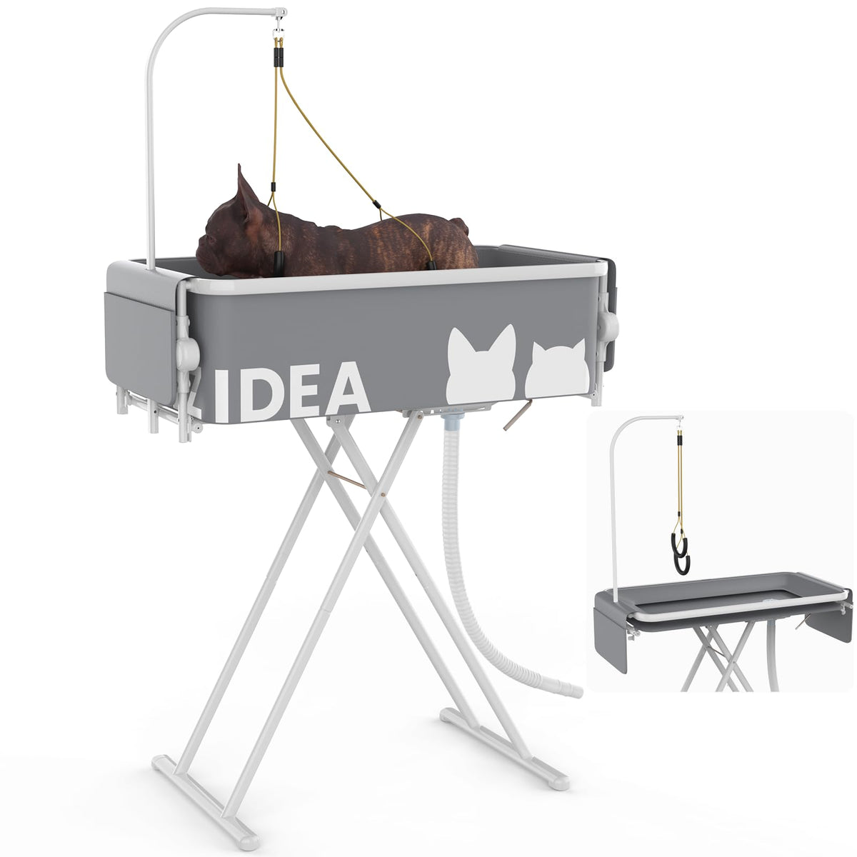 PAWZIDEA 2-in-1 Dog Bathtub & Grooming Table 33" for Small to Medium Dogs 5 Height Adjustable Elevated Pet Bath Tub & Foldable Washing Station for Dogs Cats up to 40lb, Storage Pocket, Indoor Outdoor