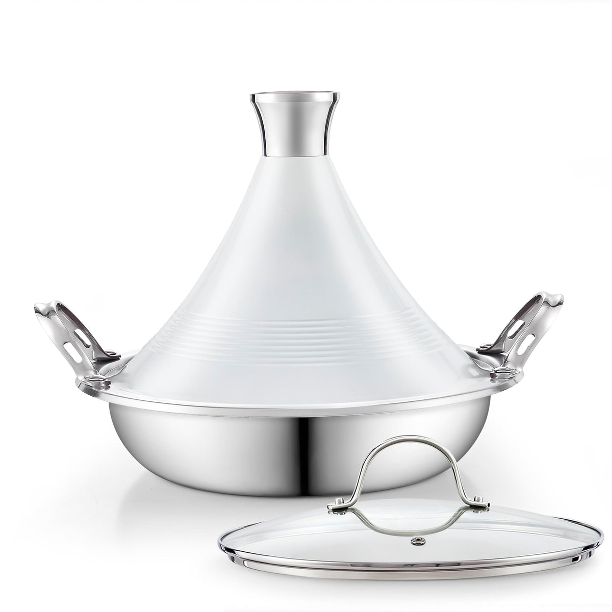 Cooks Standard 3.6-Qt Multi-Ply Clad Stainless Steel Moroccan Tagine Pot 11-inch Fully Clay Pot Alternative for Slow Cooking, Conical Die-Cast Aluminum & Glass Lid, White