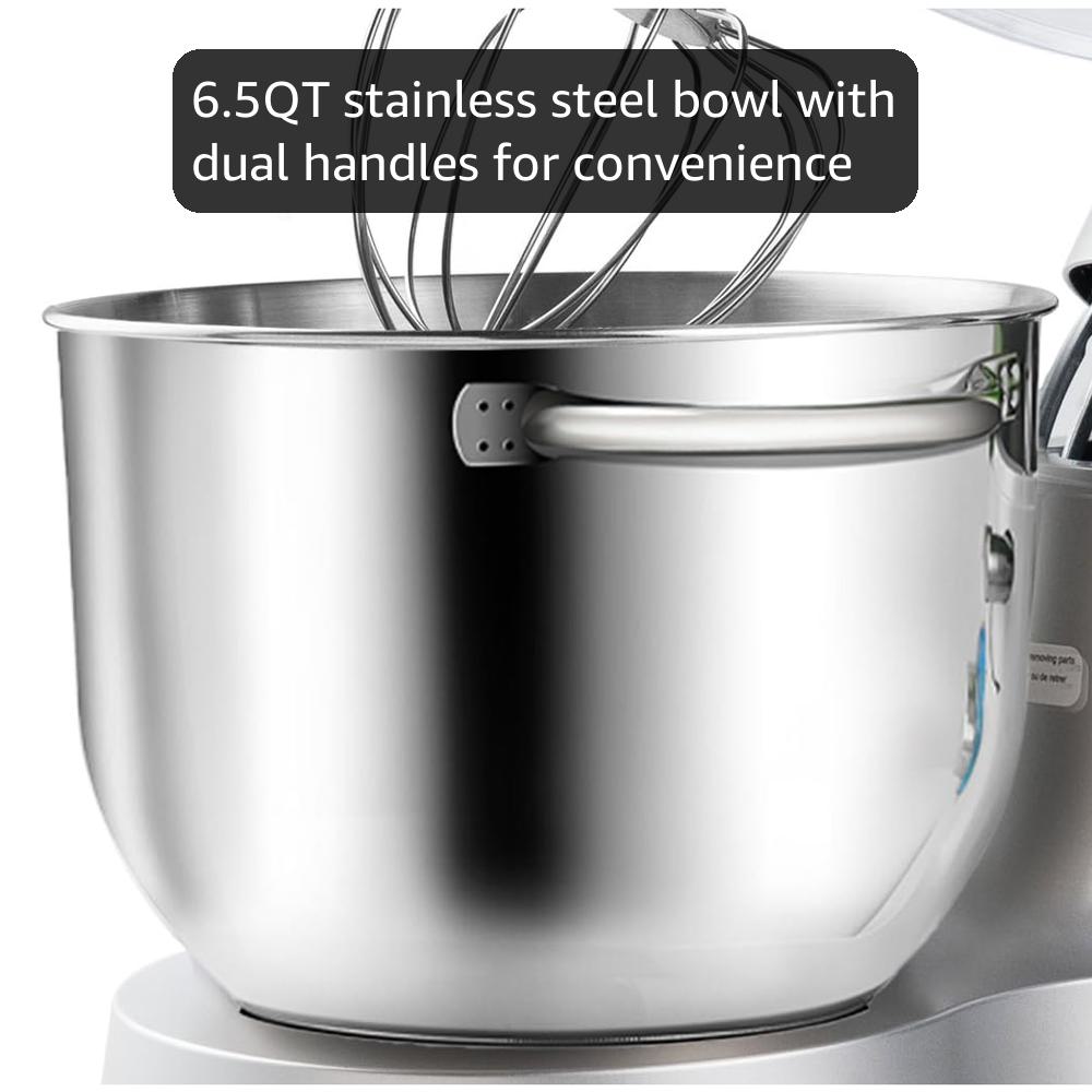 Aucma Stand Mixer,6.5-QT 660W 6-Speed Tilt-Head Food Mixer, Kitchen Electric Mixer with Dough Hook, Wire Whip & Beater (Silver, 6.5QT)