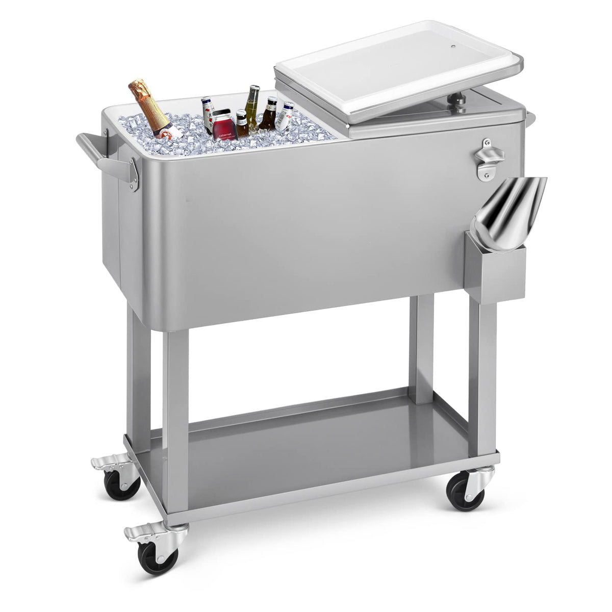 80 Qt Rolling Ice Chest Cooler Cart, Stand Up Cooler Trolley Patio Beverage Cooler Trolley with Wheels,Outdoor Drink Bar Stand for Backyard Party, Includes Serving Tray, Ice Scoop